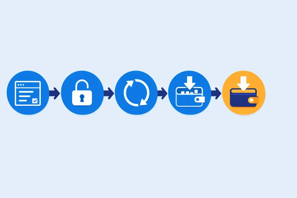 Five-step claim flow from signup through opting in, spinning the slot, and clearing wagering to withdraw free spins winnings.